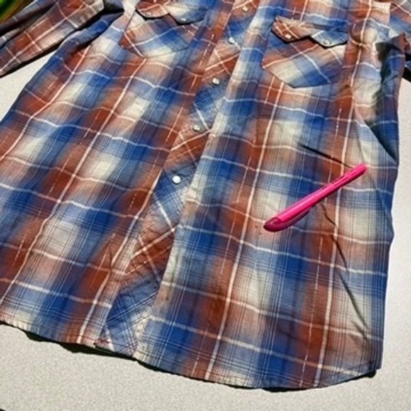 Rustler Wrangler Mens Plaid Western Pearl Snap Shirt Blue Orange Metallic Medium - Picture 9 of 13